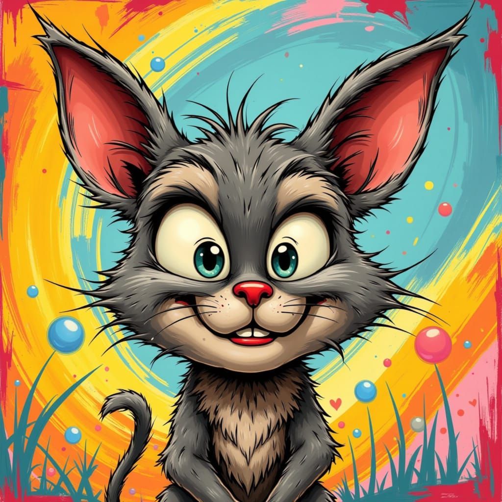 Smiling Grey Cat with Gold Tooth in Cartoon Style