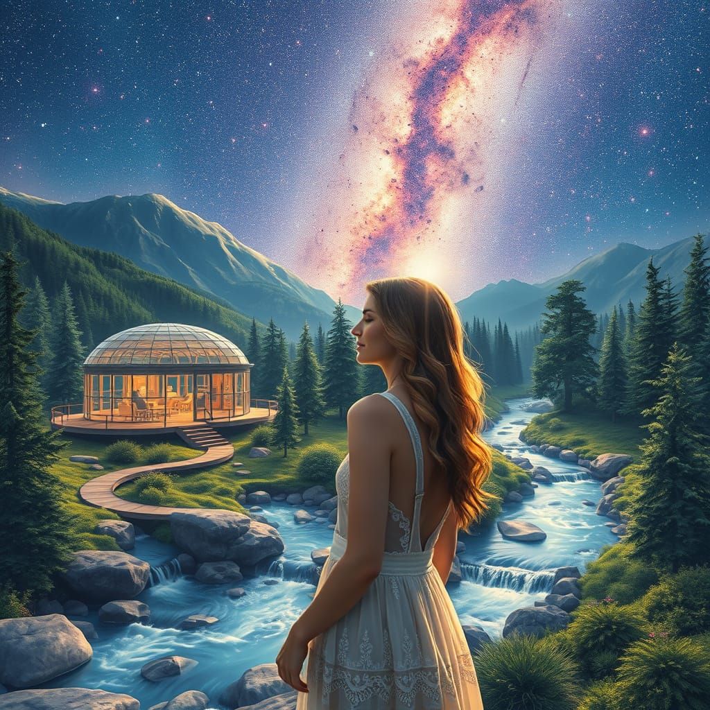 Woman by Glass Dome in Cosmic Landscape: Astral Illustration