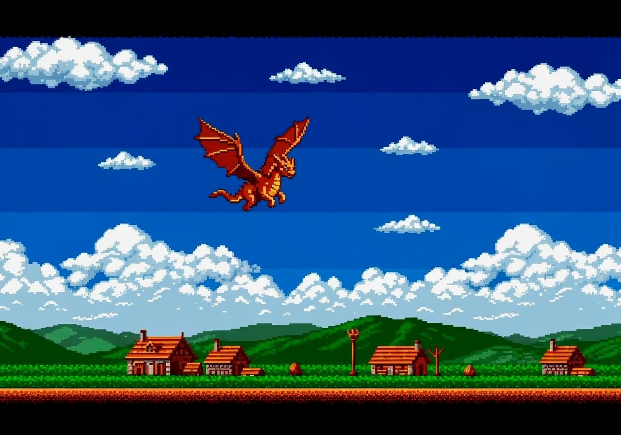 8-Bit Dragon Over Pixelated Village in CGA Style