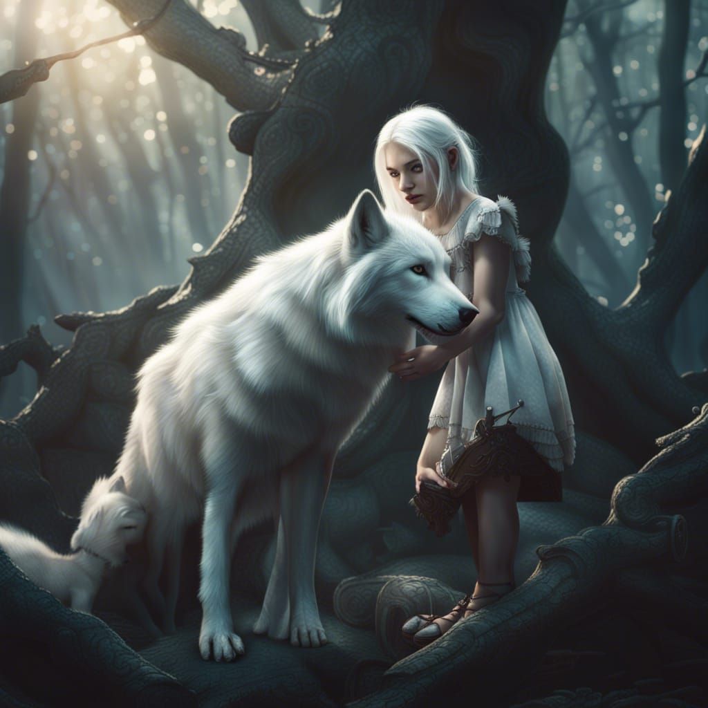 Wolf Demon Girl with Pup in Enchanted Forest