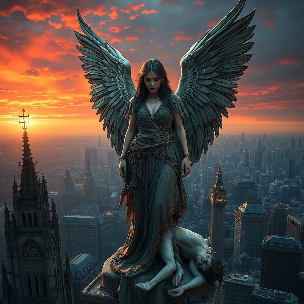 Mourning Fallen Angel Surveys Gothic Metropolis