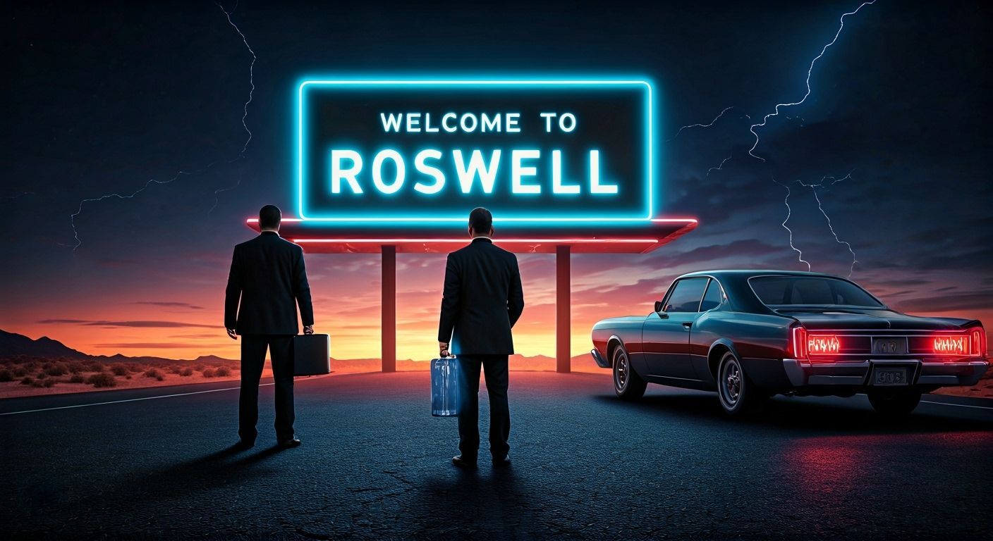 Men in Black at Roswell Welcome Sign