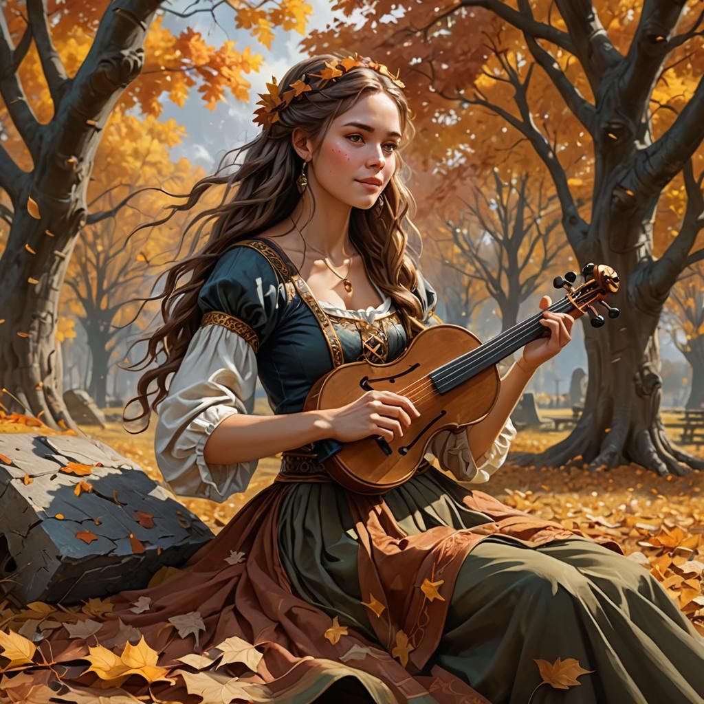 Autumn Lyre Player in Hyperdetailed Landscape