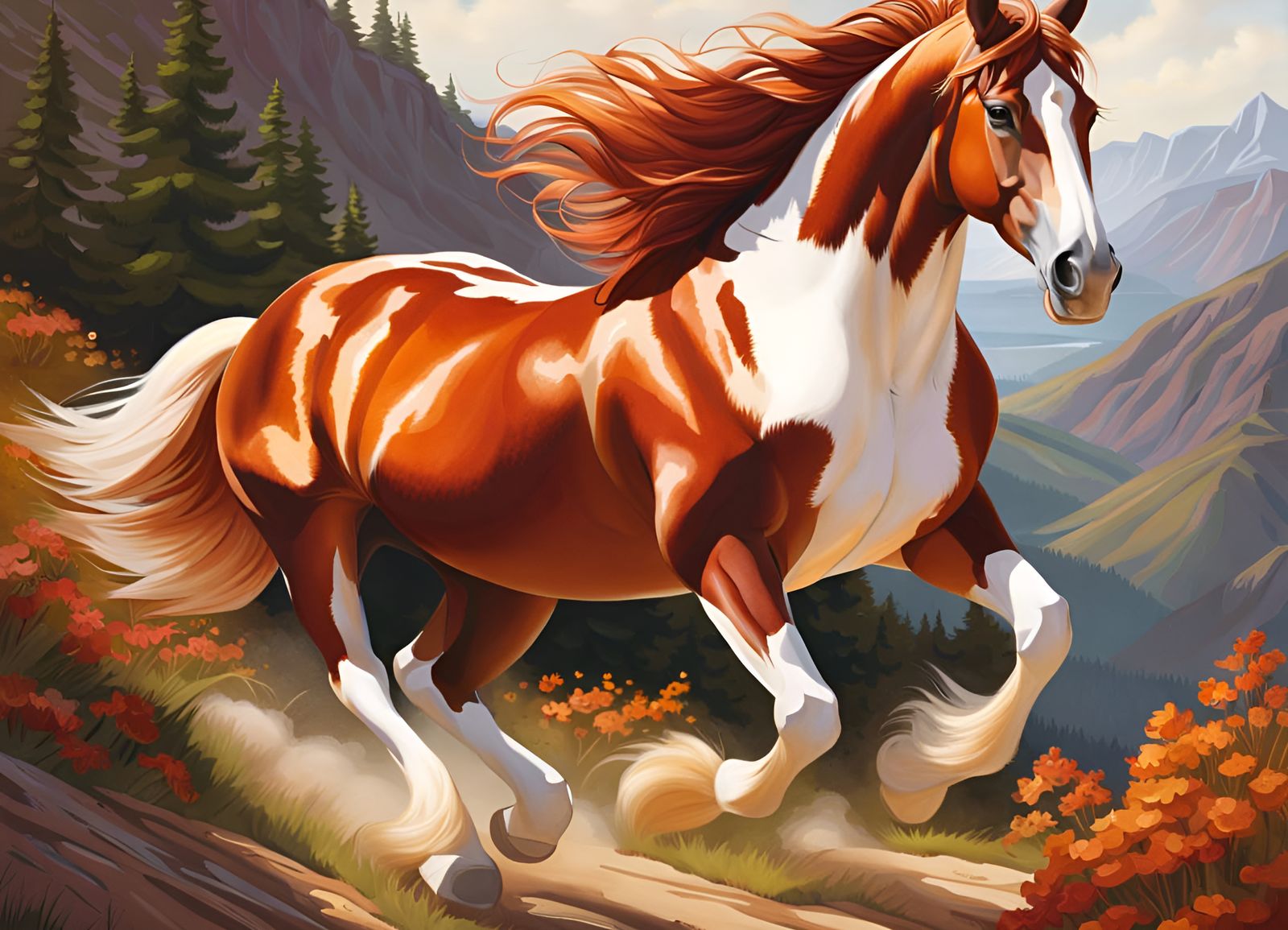 Beautiful chestnut and white Clydesdale horse galloping on t...