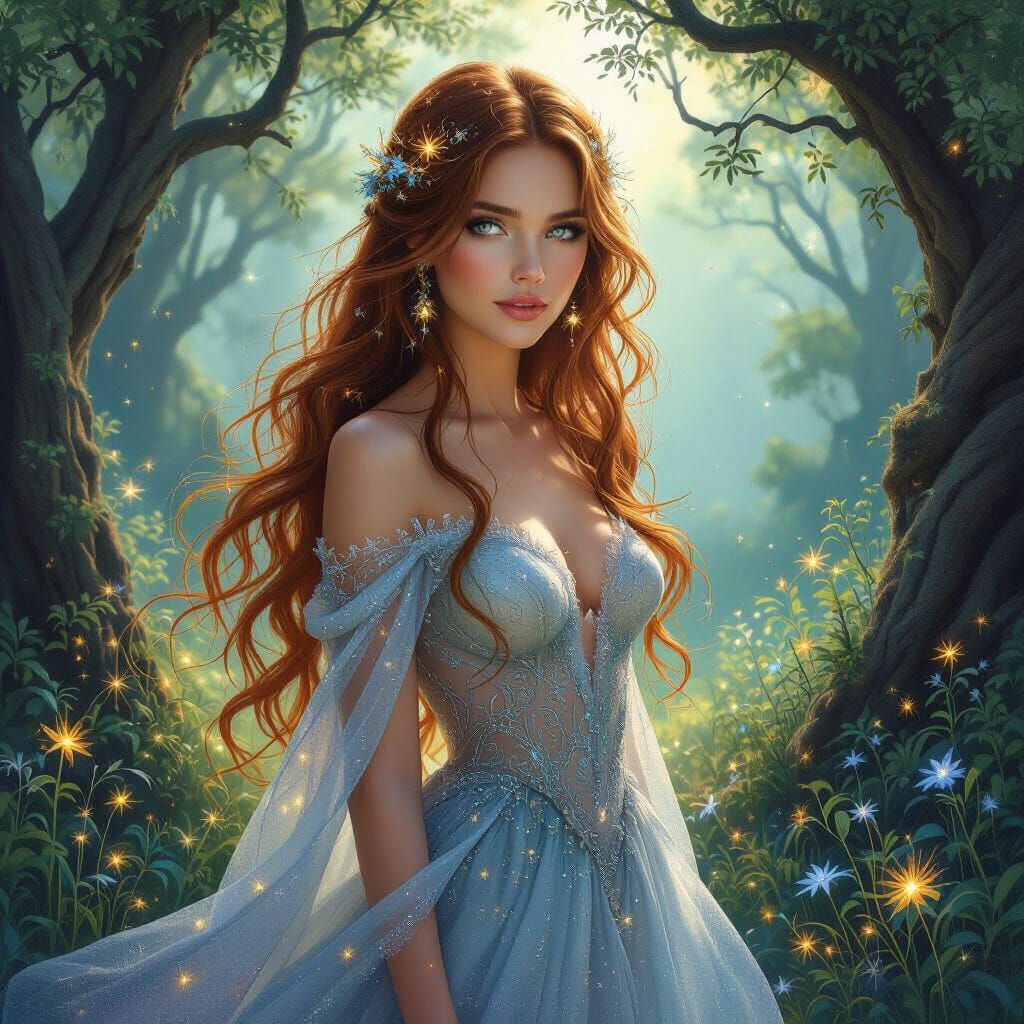 Ethereal Woman with Fireflies in Dreamlike Glade