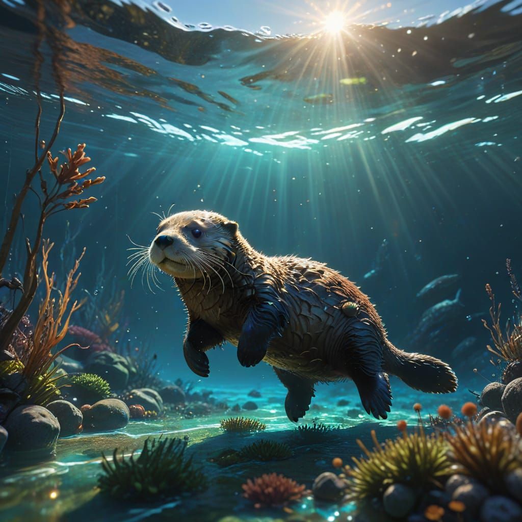 Friendly Sea Otter Dives and Floats in Sparkling Ocean