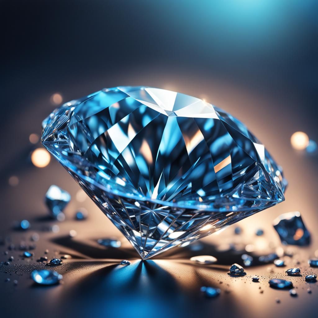 Perfect Diamond in Blue Light: Hyperrealistic Splash Art