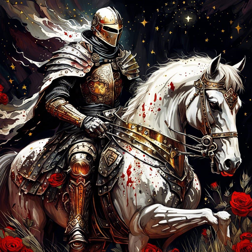 Gothic Knight Templar Rides Under Starry Night