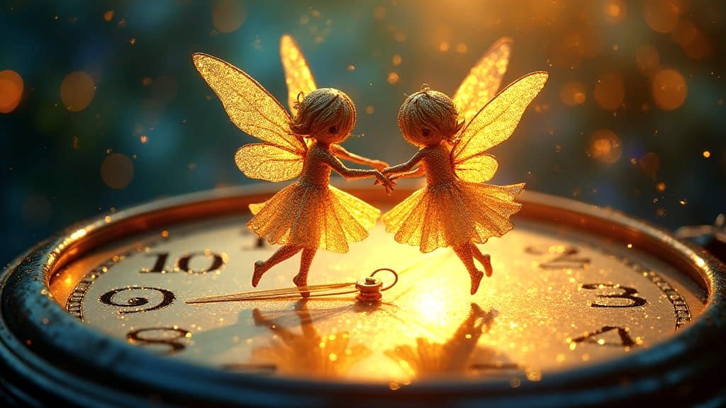 Golden Fairy Couple Dancing Across a Clock Face