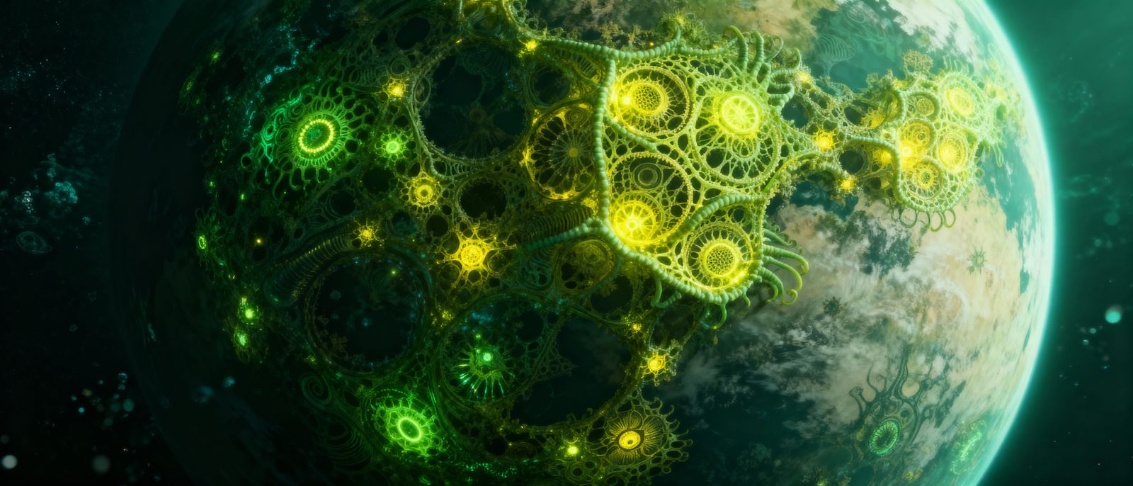Glowing Fractal Planet Bioluminescence in Surreal Digital Ar...