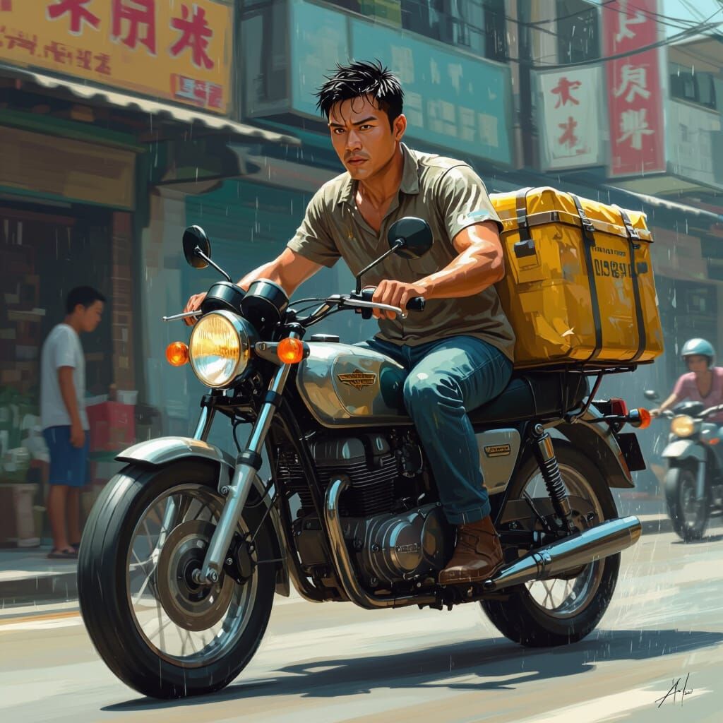 Dedicated Delivery Man on Motorcycle, Syd Mead Style