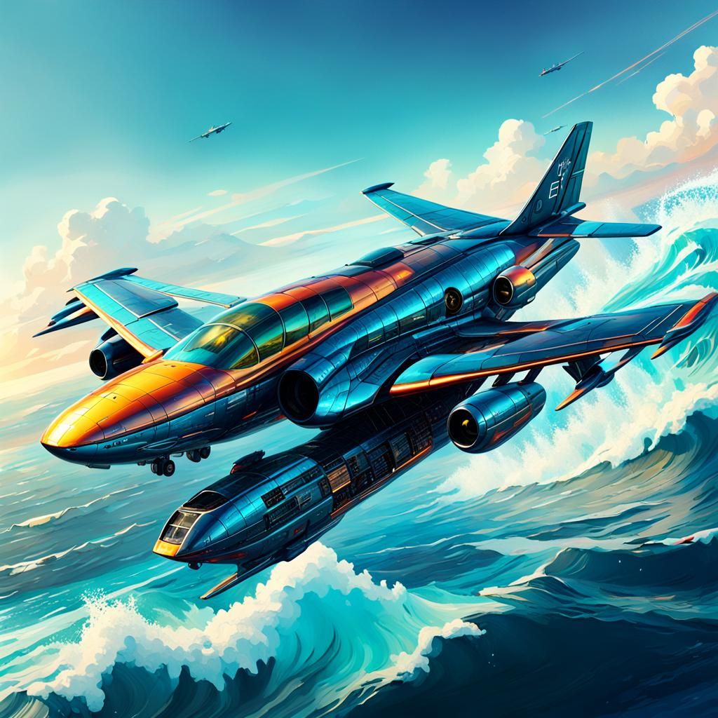 Futuristic Plane Over Ocean in Splash Art Style