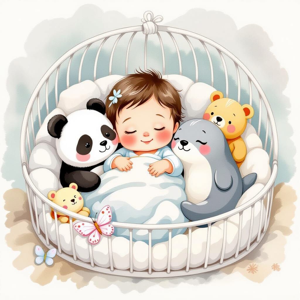 Whimsical Asian Baby in Dreamland: Watercolor Illustration