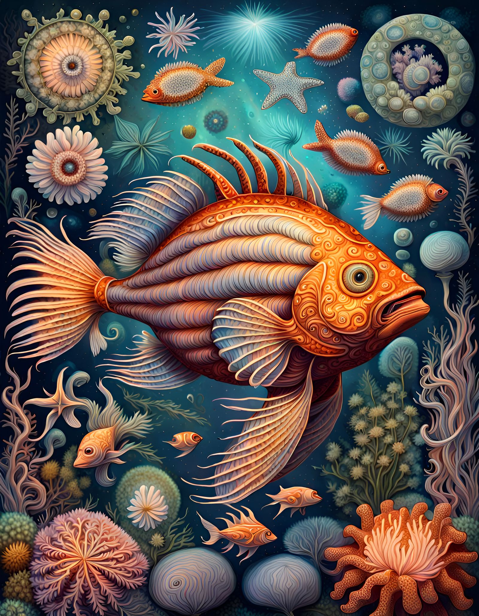 Vibrant Sea Life Illustration in Haeckel Style