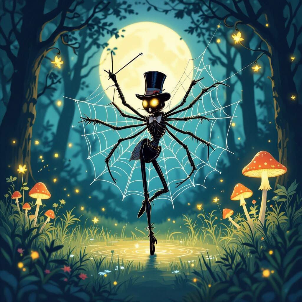 Whimsical Spider's Dance in Moonlit Forest