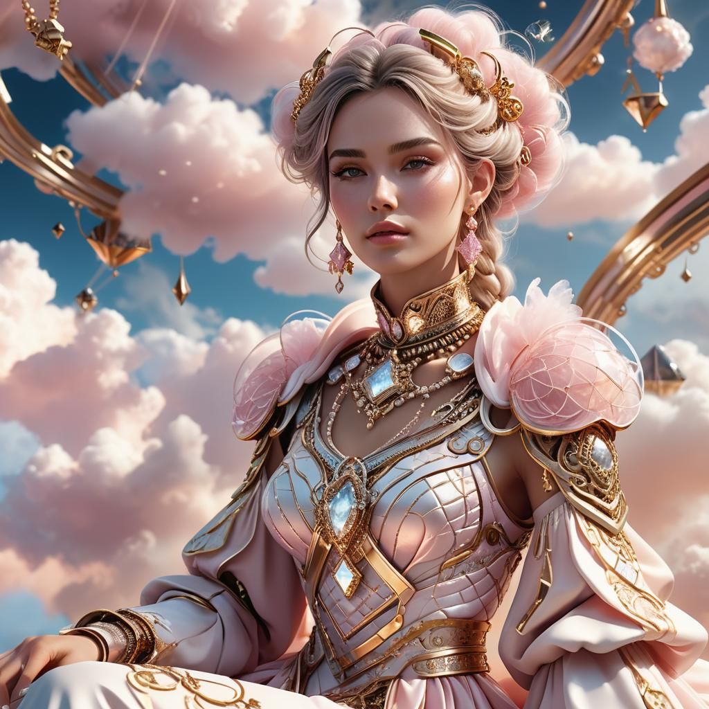 Anime-Inspired Woman with Futuristic Jewelry on Cloud