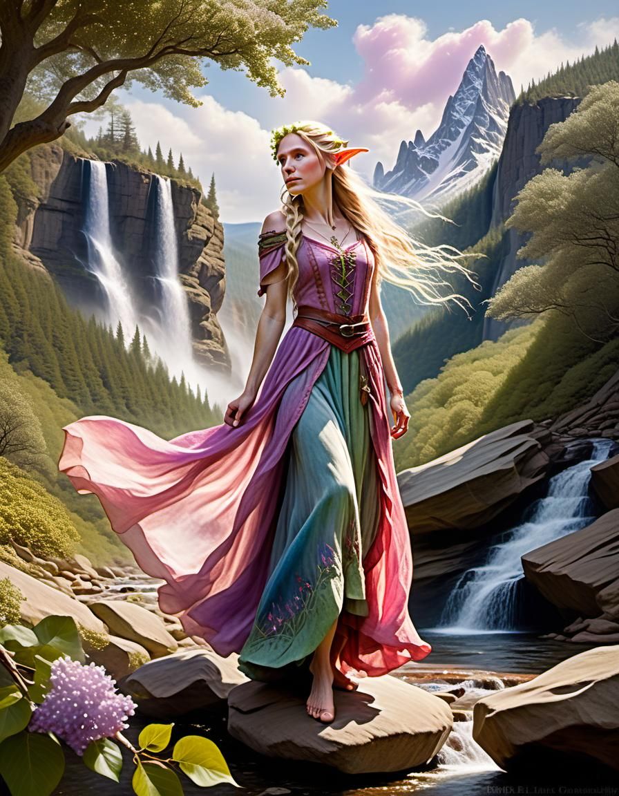 Ethereal Elf Maiden in a Watercolor Landscape