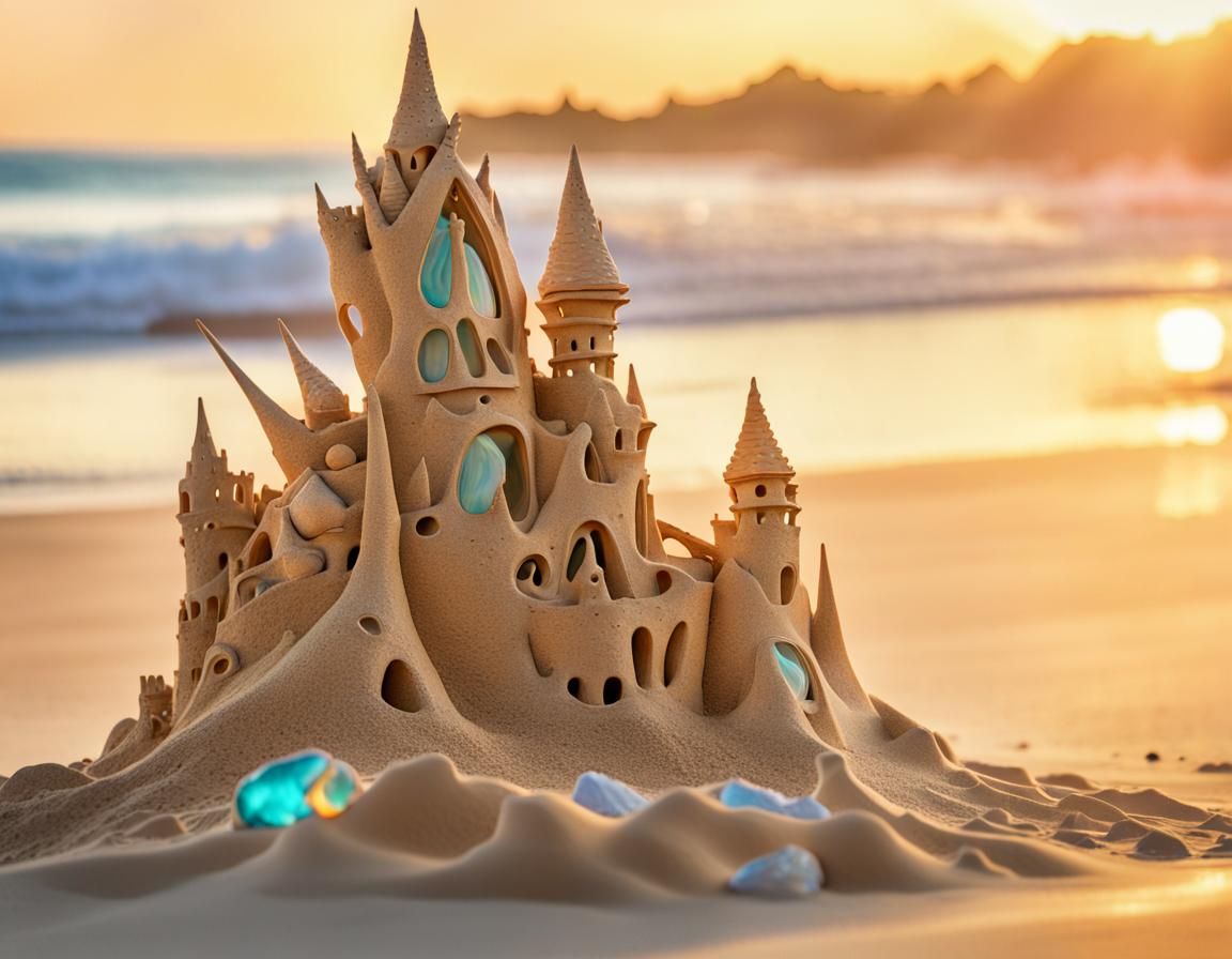 Gaudi-esque Sandcastle at Sunset: Surreal Digital Art
