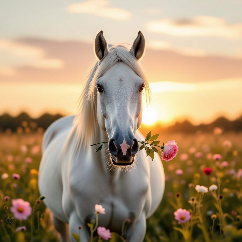 Majestic Horse with Rose in Mouth in Golden Hour Meadow