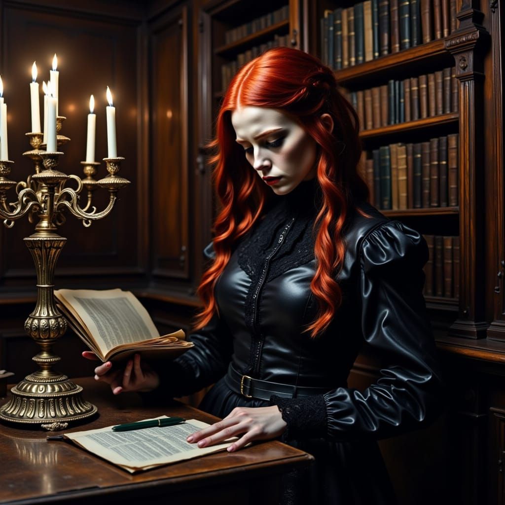 Red-Haired Fae Woman Studying Book in Castle