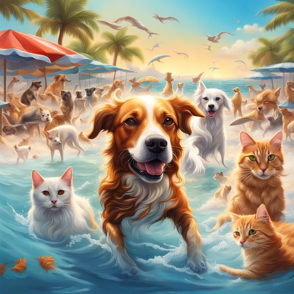 Hyperrealistic Beach Scene with Swimming Cats and Dogs