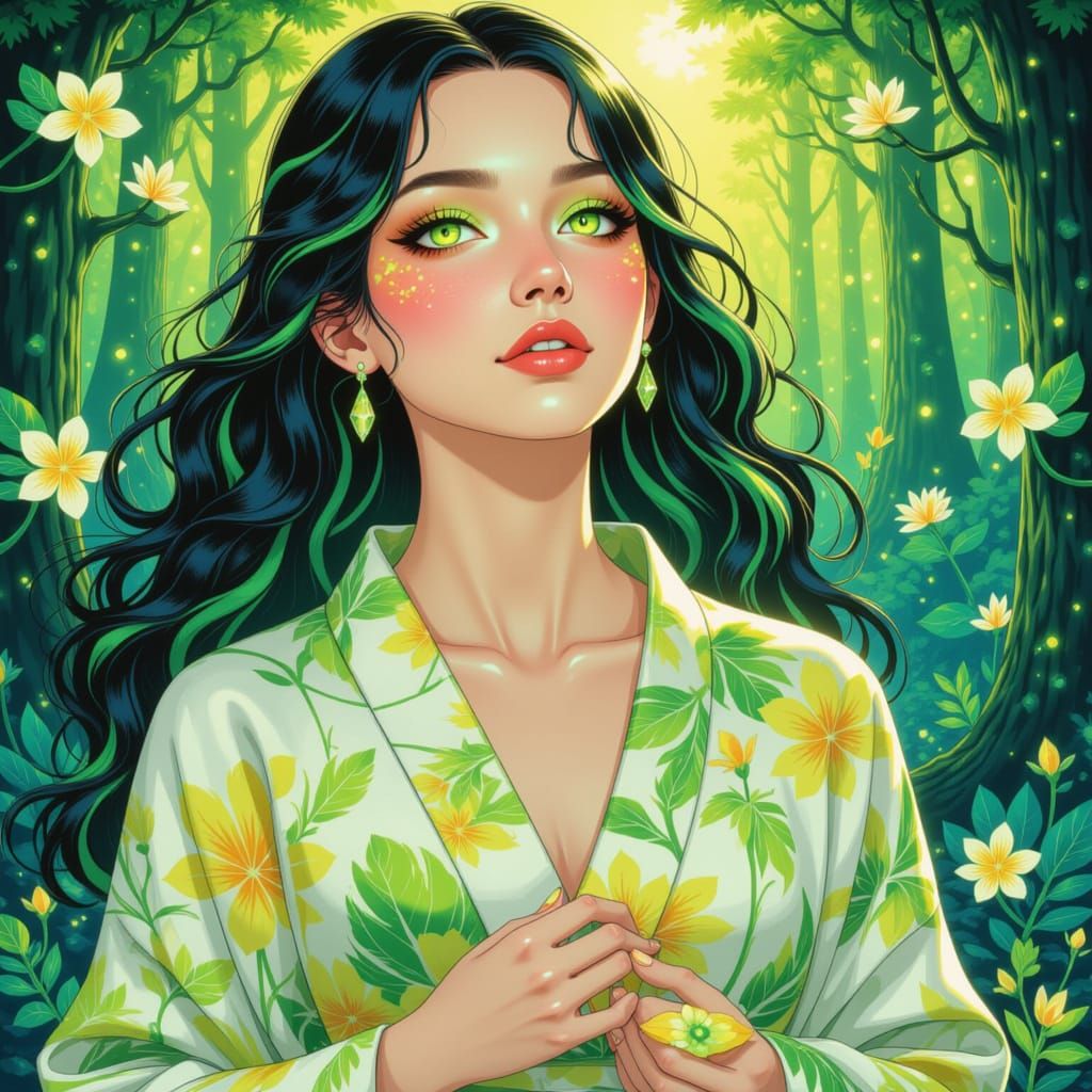 Blissful Woman in Garden, Art Nouveau Style