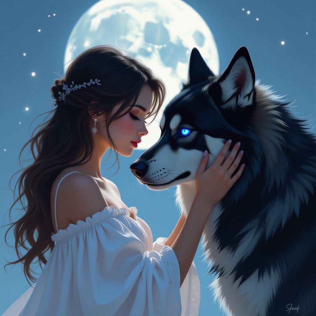 Girl and Hellhound in Moonlight, Dark Fantasy Art