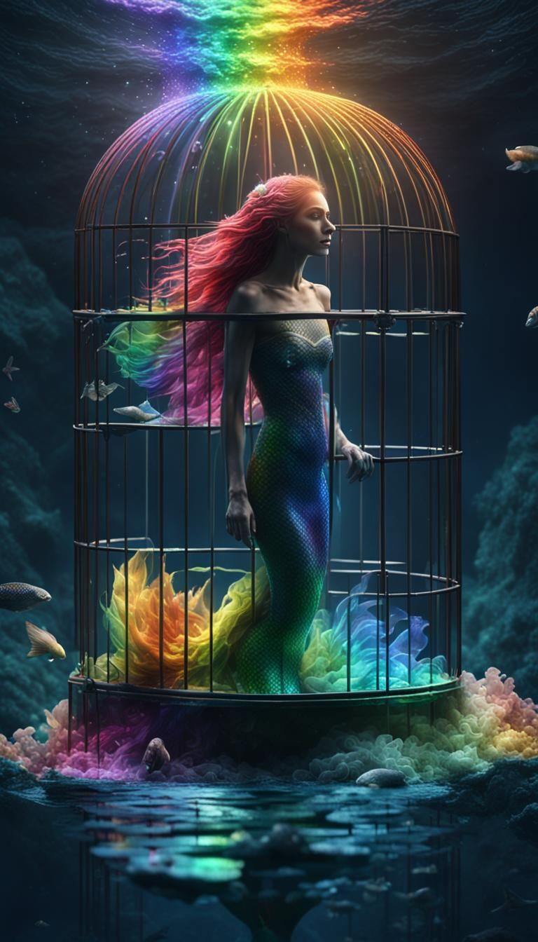 Mermaid in Underwater Cage with Rainbow Aura