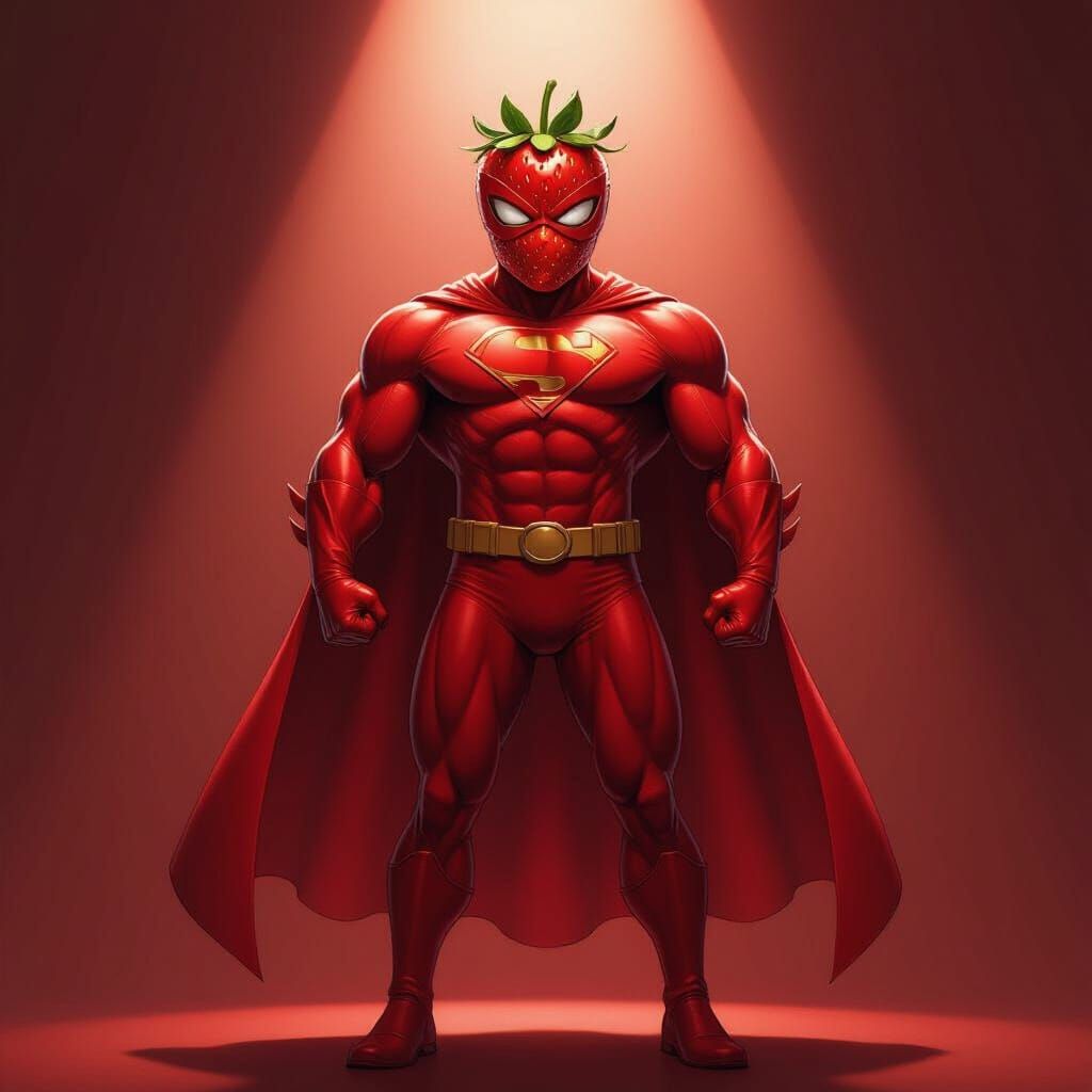 Realistic Strawberry Superhero in Dramatic Spotlight
