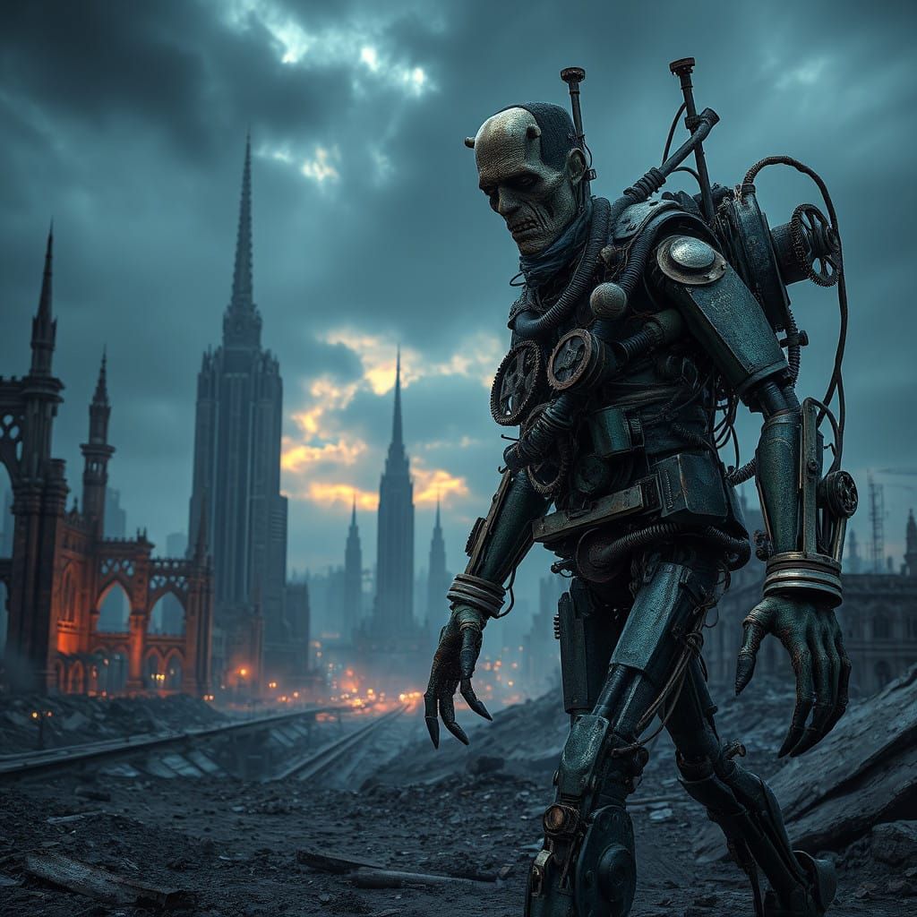 Rustic Cyberpunk Frankenstein's Monster Amidst Gothic Ruins