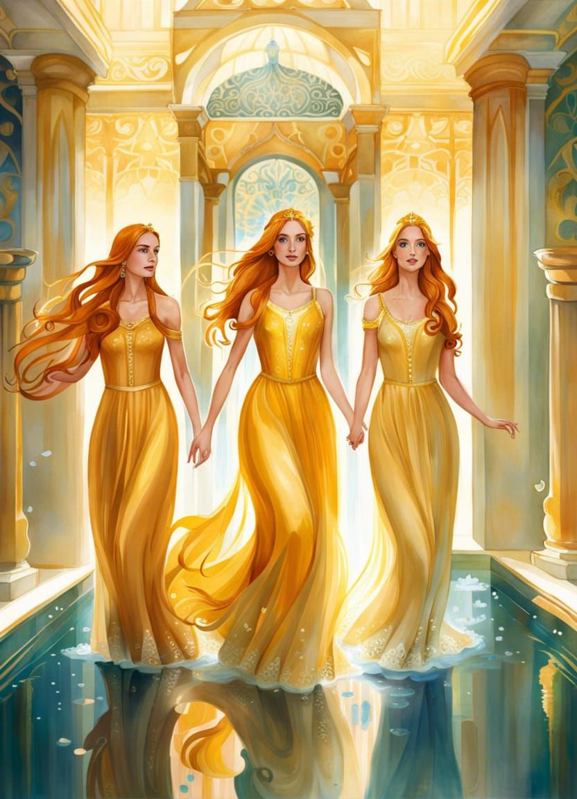 Greek Princesses in Palace Bathroom, Watercolour Painting