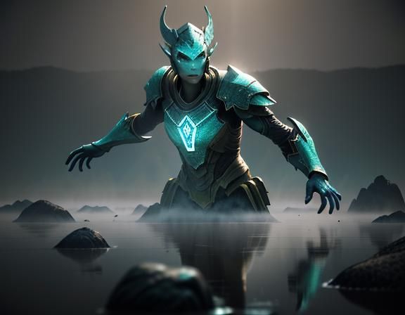 Female Amphibioid on Misty Shore in 3D