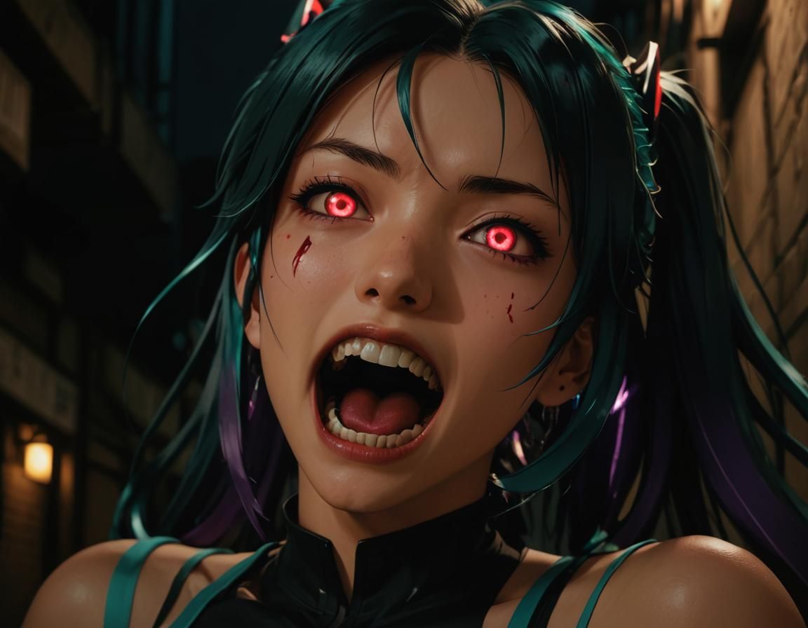 Hatsune Miku as a Fierce Vampire in Dark Fantasy Anime