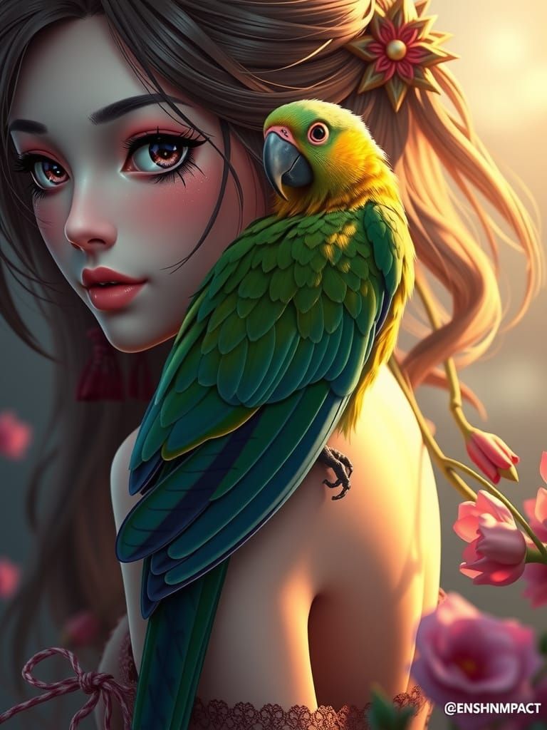 Elegant Woman with Exotic Parrot in 3D Anime Style