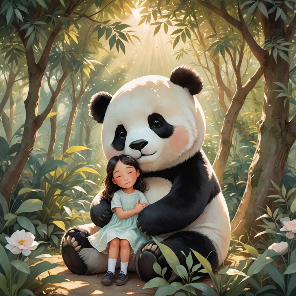 Girl Embracing Panda in Tranquil Garden Illustration