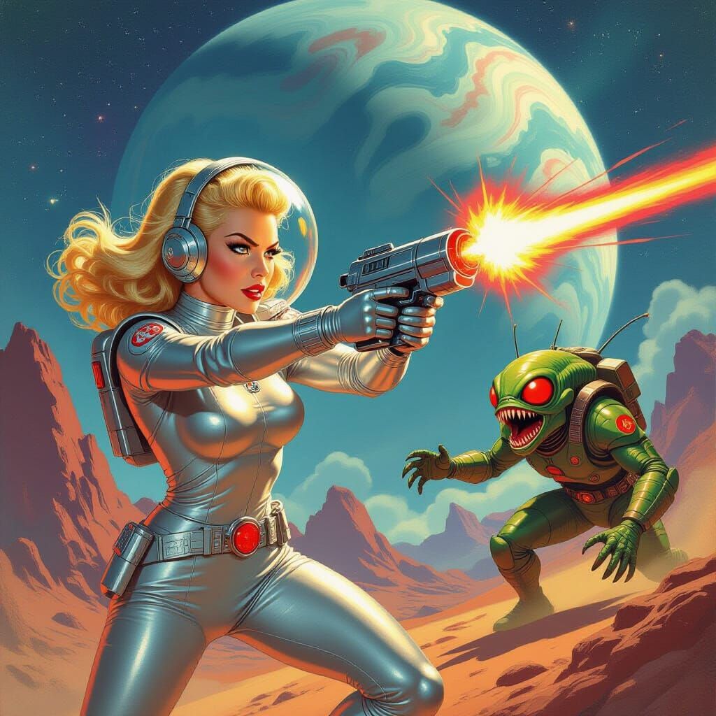 Blonde Space Heroine Battles Alien Monster 1950s Sci-Fi Styl...