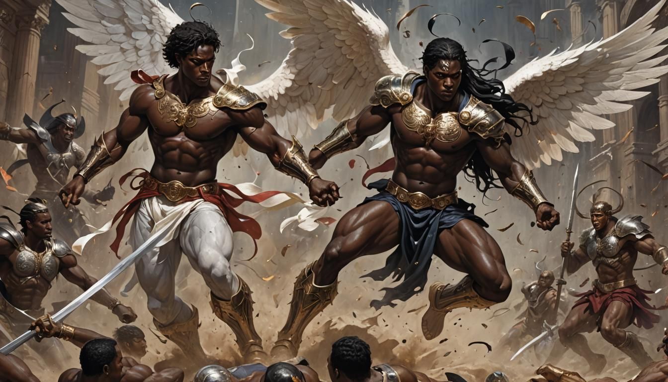 Angelic Battle Scene with Dark-Skinned Prince
