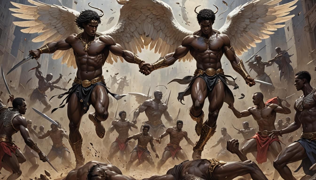 Epic Angel War Scene in Splash Art Style