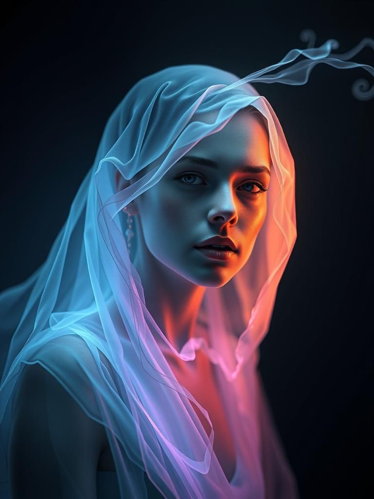 ghost portrait lady, a transparent, eerie, and often faintly visible spirit spectre, a misty shadowy figure, with a fain...