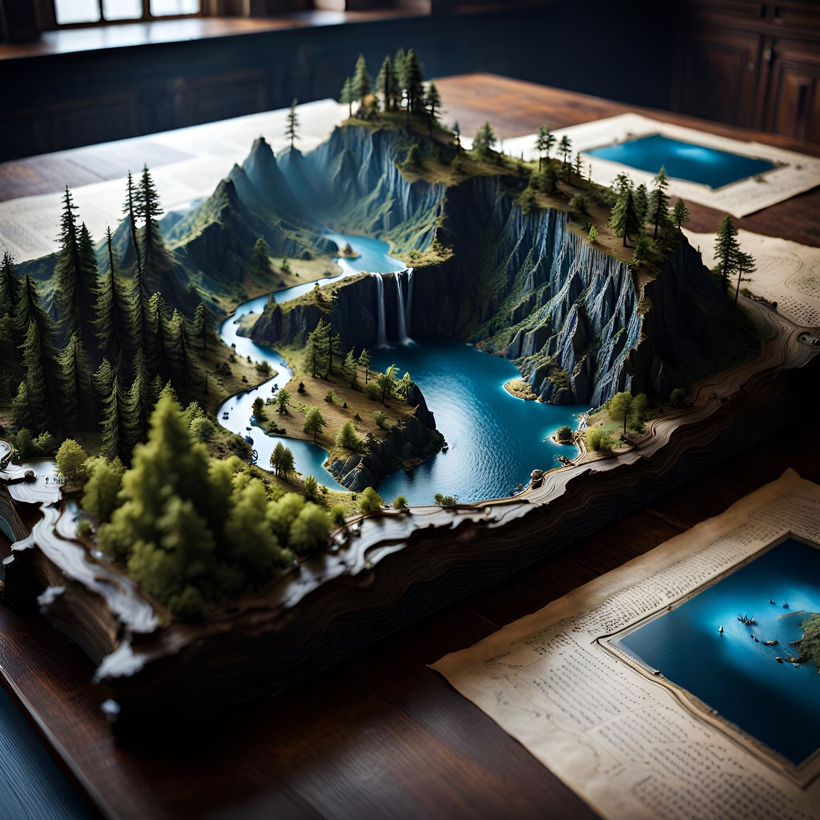 Miniature 3D Fantasy World on Parchment Map