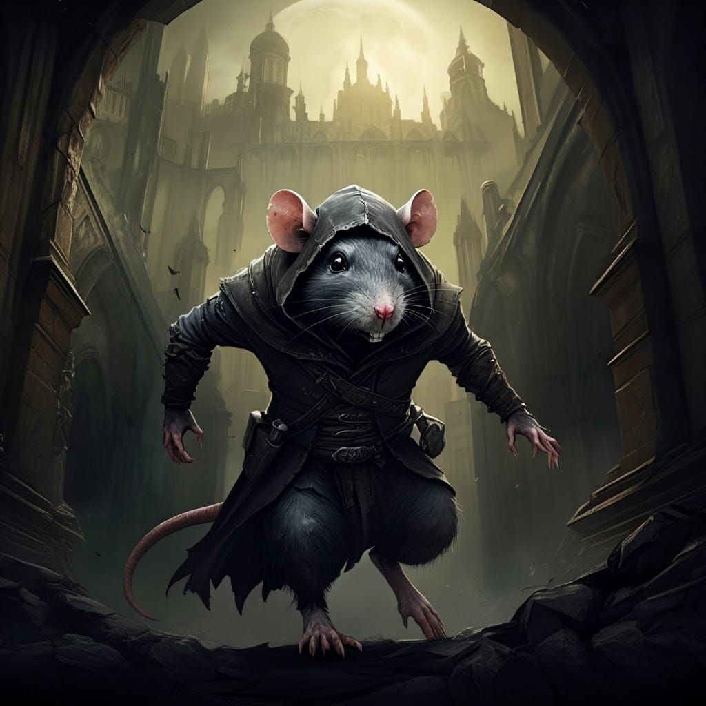 Dark Fantasy Rat Sneaks Through Moonlit Metropolis Alleys