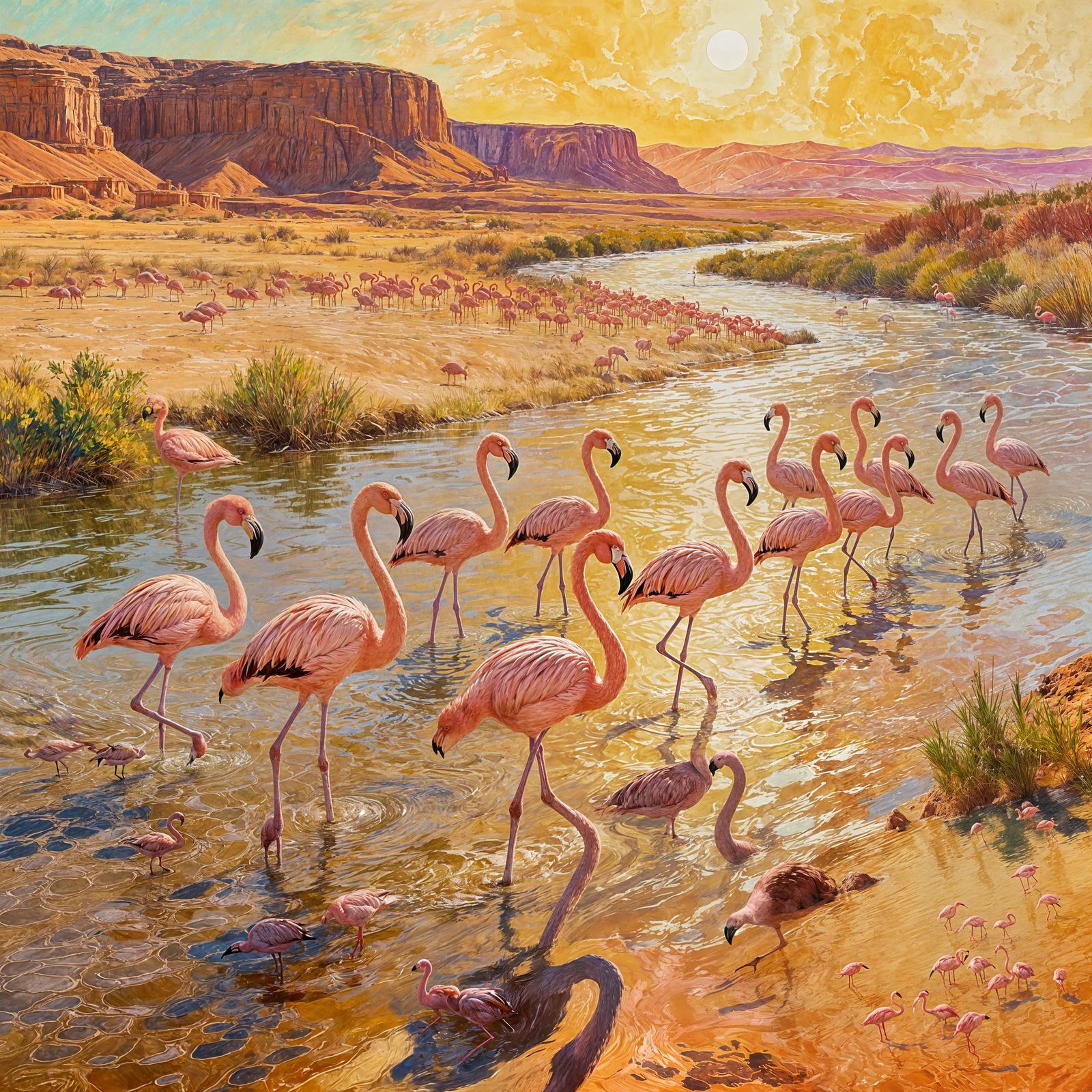 Vibrant Flamingos in Sun-Drenched American West River