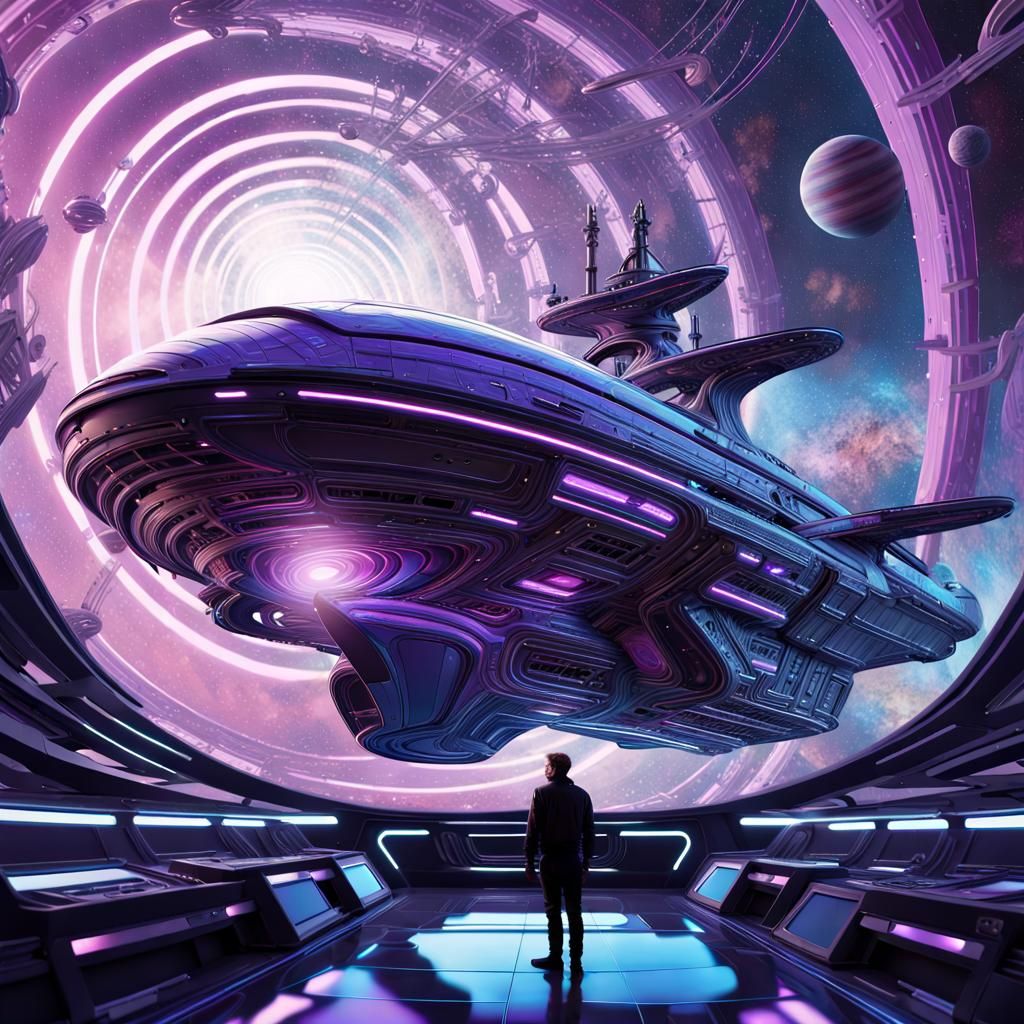 Sleek Spacecraft Navigator Gazing into Cosmic Vortex