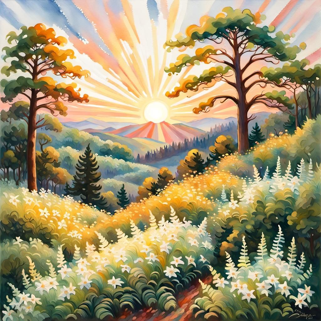 Vibrant Sunrise over Lush Hill in Gouache Style