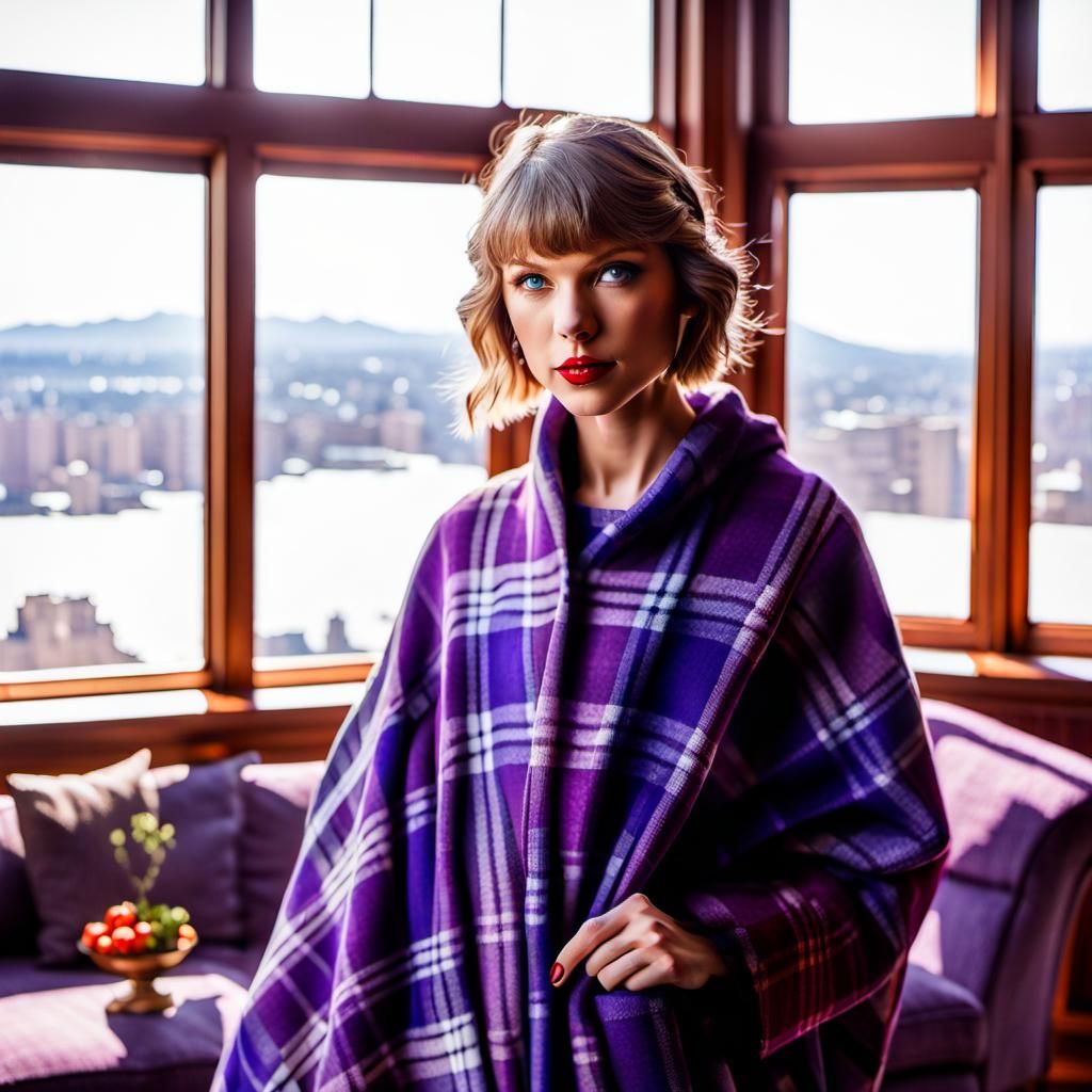 Taylor Swift's Cozy Couture: Rocking the Snuggie Chic in her Purple Plaid Paradise