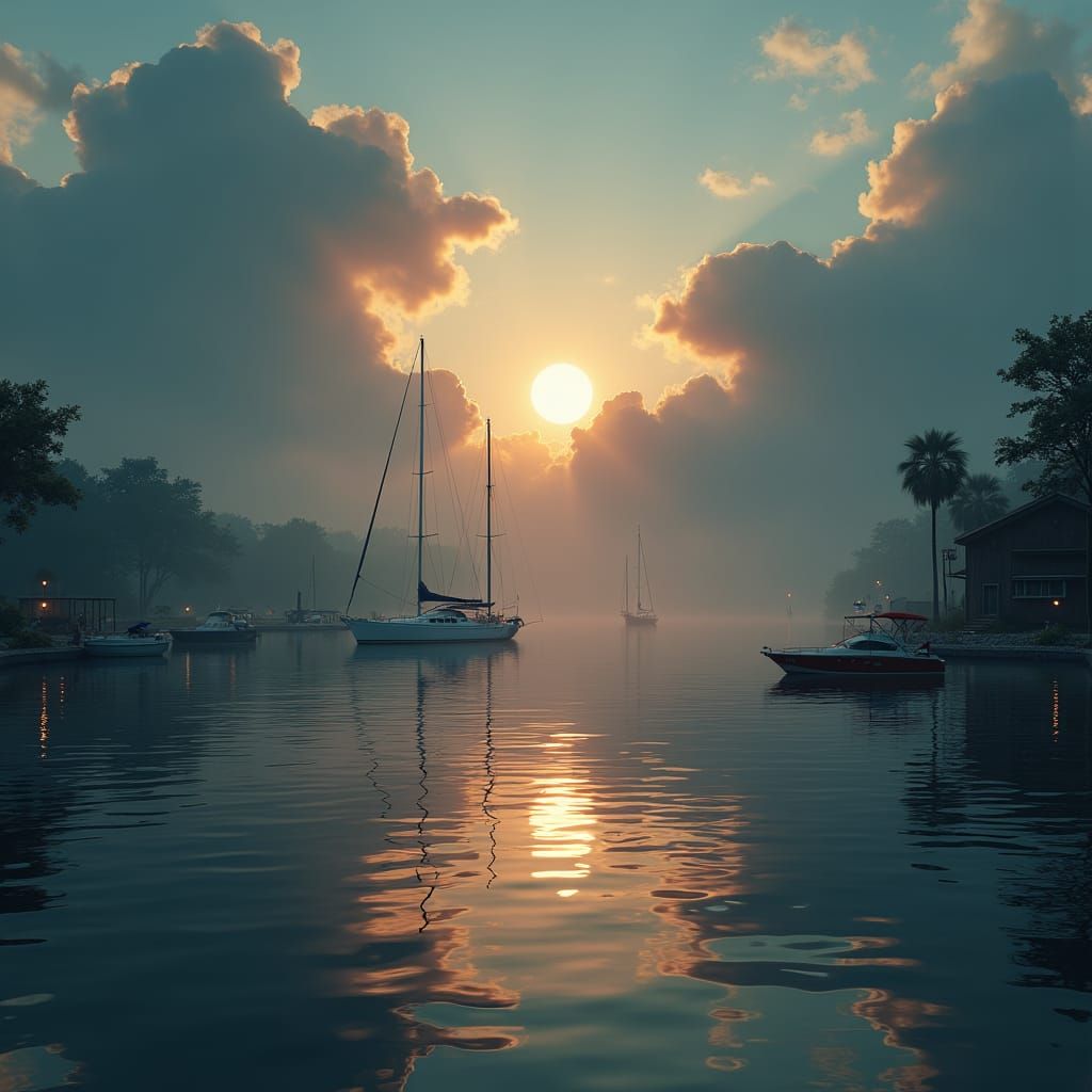 Misty Boat Club at Dusk: A Matte Painting