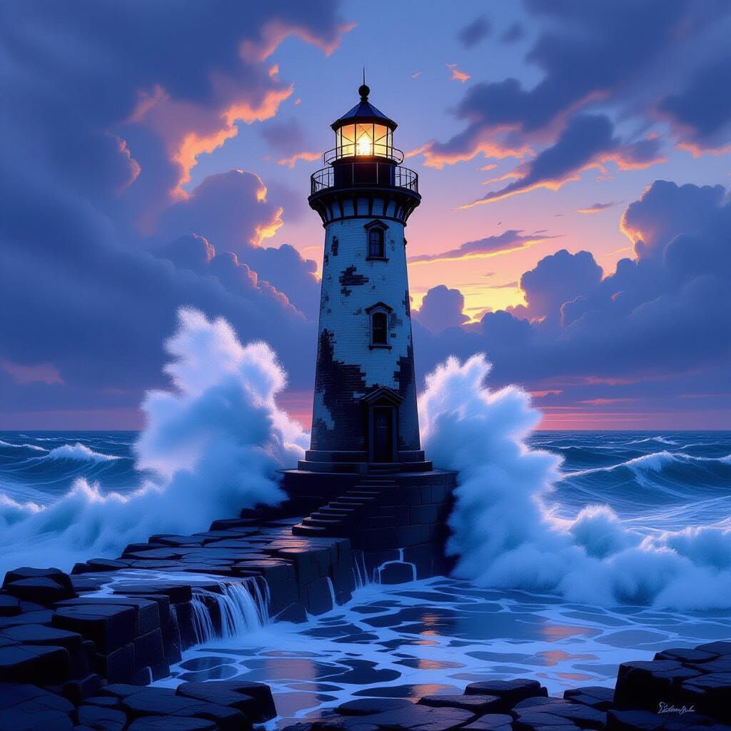 Weathered Lighthouse Against Stormy Sea