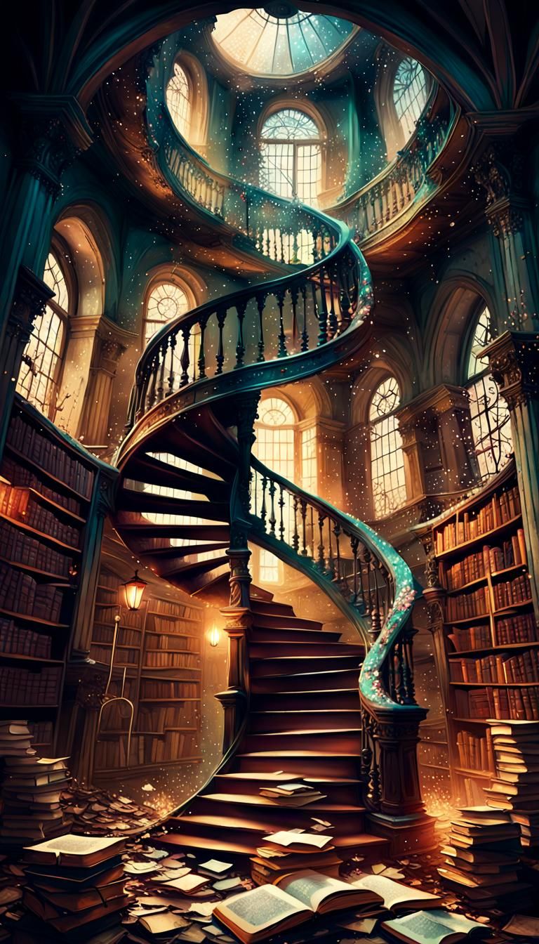 Enchanted Library: Decaying Staircase in 3D Art