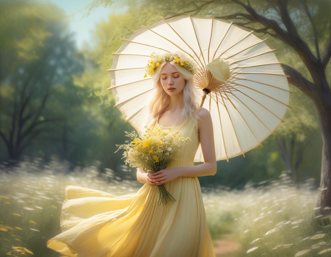 Young Maiden in Impressionist Garden, Surrounded by Flowerin...