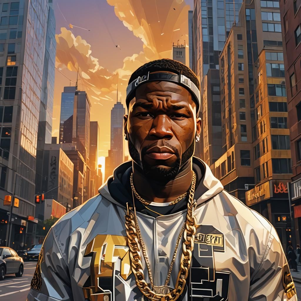 50 Cent in Low-Poly Style at Sunset